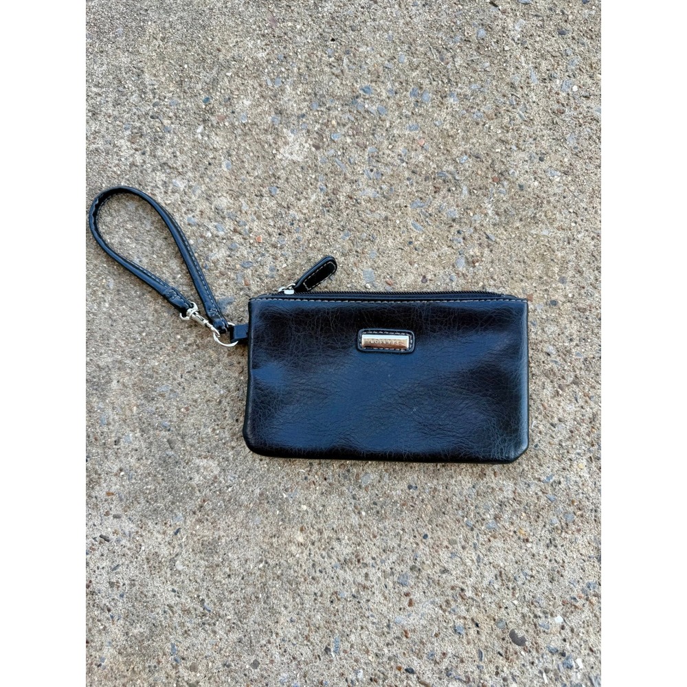 Rosetti Black Faux Leather Wristlet Clutch Bag Silver Tone Logo Zip Top